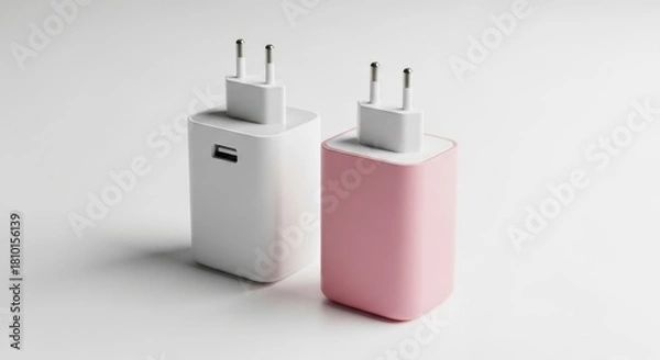 Fototapeta Two modern usb wall chargers one white and one pink with european style plugs on a clean white background