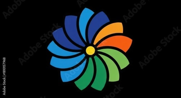 Obraz Colorful abstract flower spiral logo on black background.