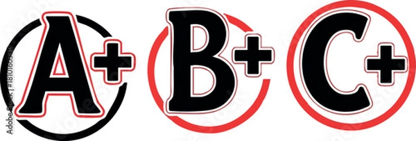 Obraz Letter grade symbols A plus B plus C plus in black and red circles vector illustration