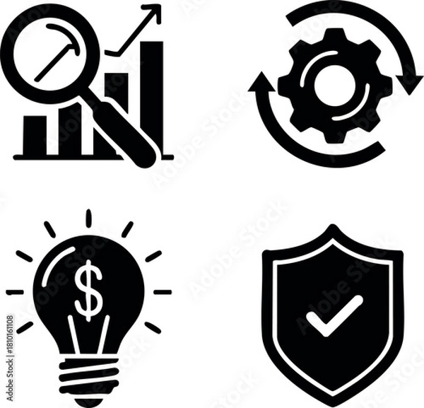 Fototapeta Business icons set with analytics gear idea and shield security concepts vector illustration
