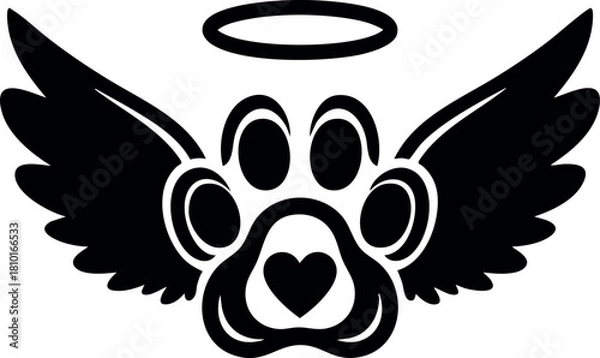 Fototapeta Paw print with wings and halo black silhouette pet symbol design vector illustration