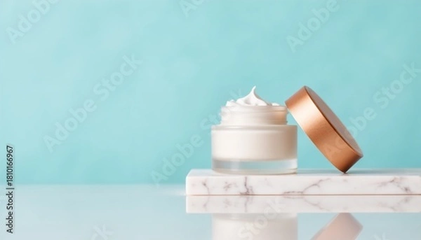 Fototapeta Cream jar with lid on marble surface against blue background  