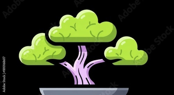 Fototapeta Stylized Bonsai Tree Illustration with Green Foliage and Lavender Trunk.