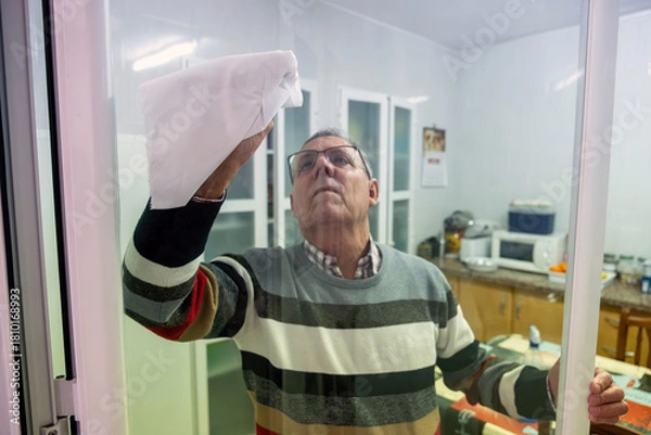Fototapeta An elderly man wipes a large glass window with a cloth inside a bright kitchen, illustrating routine household maintenance and cleanliness.