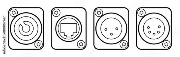 Fototapeta Minimalist linear icons of four stage connectors: PowerCON-style power socket, RJ45 Ethernet port, 3-pin XLR audio connector, and 5-pin XLR DMX connector. Clean black outline