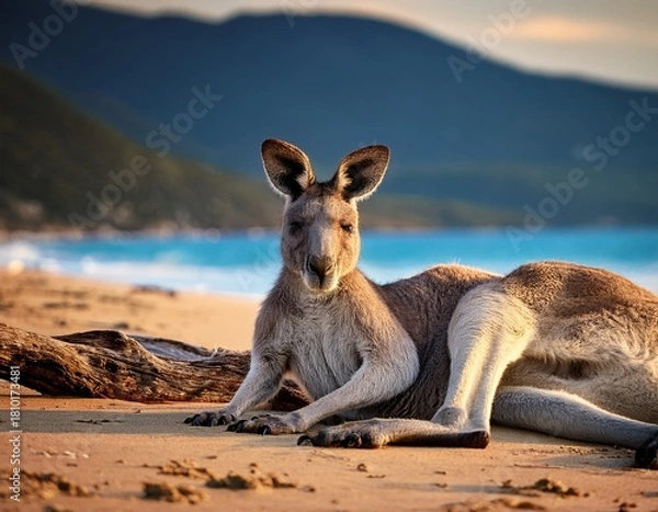 Obraz Kangaroo enjoying the sunset at the beach with mountains and turquoise water in the background, a serene Australian scene