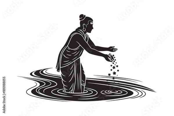 Obraz Person in water scattering seeds or small objects