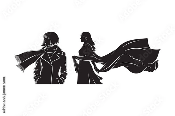 Fototapeta Silhouettes of two figures with flowing scarves against a white background