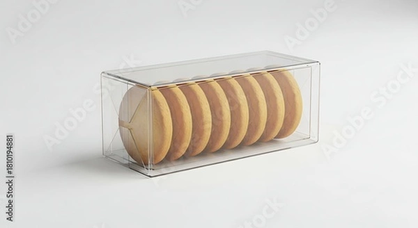 Fototapeta Clear Rectangular Box with Stacked Round Cookies on White Background.