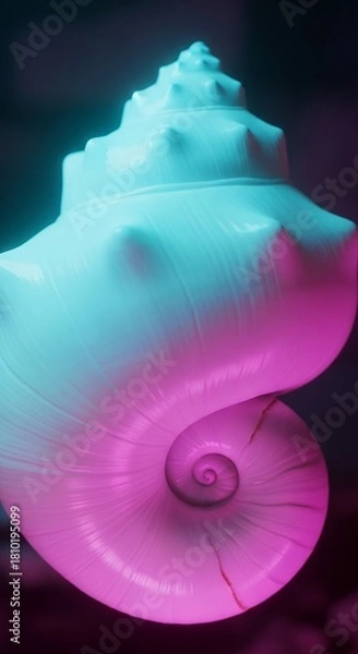Fototapeta Close-up of a conch shell illuminated with vibrant pink and blue neon lights, showcasing its intricate spiral and smooth texture against a dark background.