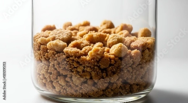 Fototapeta Close-up of a glass jar filled with colorful, textured bee pollen granules, showcasing their natural and varied appearance.