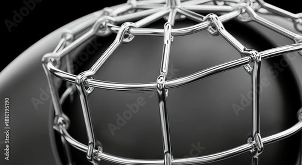 Fototapeta Close-up of a metallic cage structure, showcasing intricate details and reflections in a monochromatic setting.