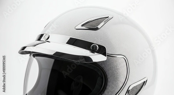 Fototapeta Close-up of a sleek, modern white motorcycle helmet with a dark visor, isolated on a clean background, emphasizing safety and style.