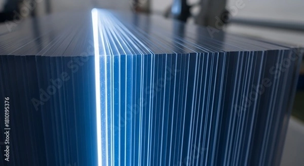 Fototapeta Close-up of a stack of blue-edged papers, creating a striking visual effect with light reflecting off the edges.