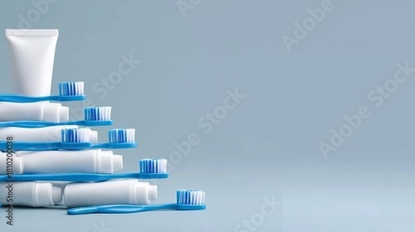 Obraz Toothbrushes and toothpaste arranged neatly for a dental care routine at home, in the shape of Christmas trees, Dentistry care greeting banner