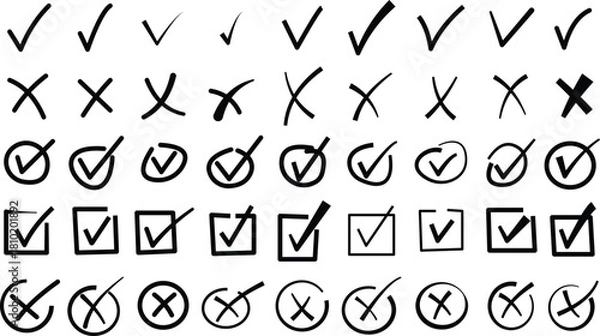 Fototapeta Check marks doodle set. Vote, yes, no, checkbox, checklist, tick and cross signs, v and x drawn concept. Hand drawn doodle sketch style vector illustration