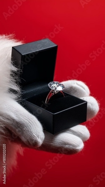 Fototapeta Elegant diamond ring held in a gift box with a red background perfect for proposals or special occasions, Christmas