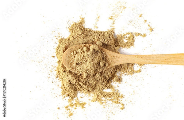 Obraz Ginger powder in wooden spoon isolated on white, top view