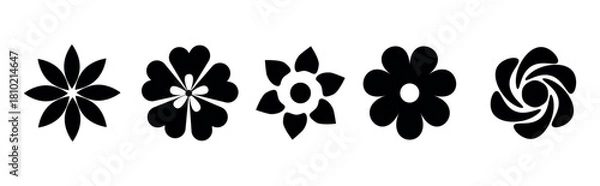 Obraz Collection of five stylized black flower icons on a white background