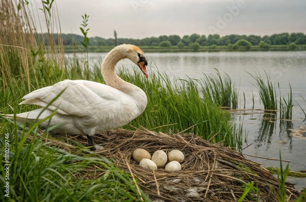Fototapeta A white swan on the shore of a lake near a nest with eggs