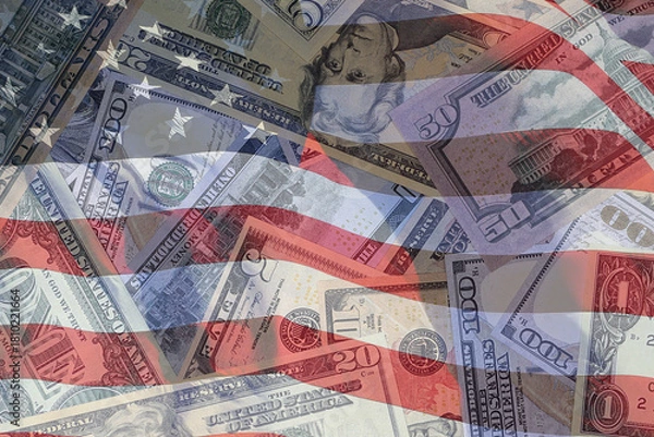 Fototapeta An overlay of US currency and the US flag