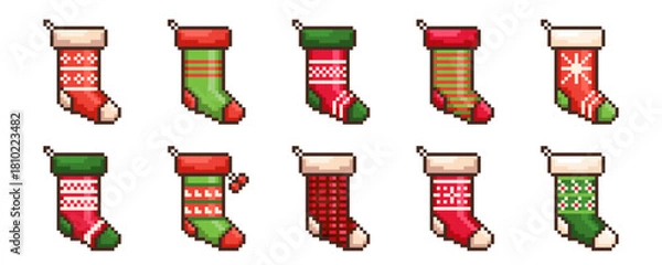 Obraz Pixel Christmas Socks game icon vector set. Retro computer 8 bit pixelated stocking holiday elements