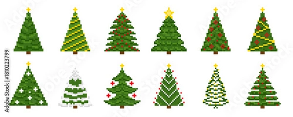 Obraz Pixel Christmas tree game icon vector set. Retro computer 8 bit pixelated winter holiday elements