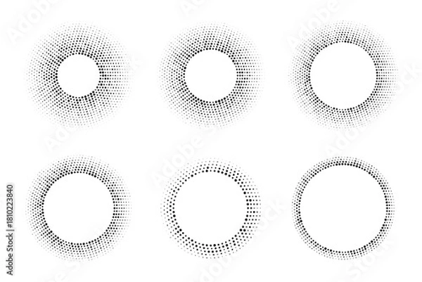 Fototapeta Abstract Circle Frame Halftone Dots Logo Emblem Design Element. Round Border Icon Gradient Halftone Random Circle Dots Pattern Texture. Vector Set.