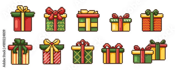 Obraz Pixel Christmas Gift Present Box game icon vector set. Retro computer 8 bit pixelated holiday elements