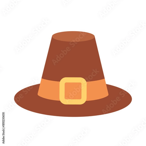 Fototapeta Cute cartoon pilgrim hat with wide brim and golden buckle. Illustration in warm, simple Thanksgiving style. For holiday, festive, kids, seasonal designs. Flat vector. Hand drawn. Isolated background.
