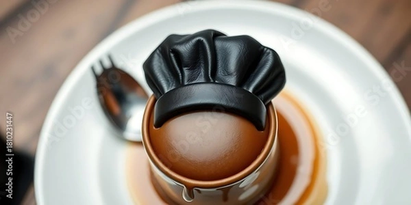 Fototapeta Gourmet dessert—a shiny chocolate sphere wearing a tiny black chef's hat, served on a white plate with caramel sauce. Creative food and professional cooking.