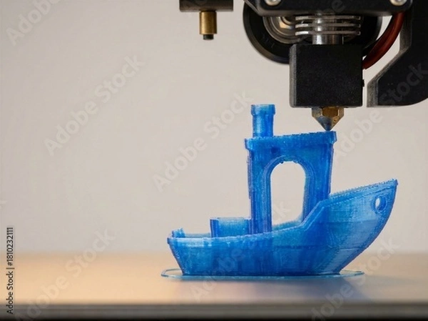 Obraz 3D printer hotend extruding translucent blue filament, building a Benchy boat model on the heated print bed, showcasing additive manufacturing technology.
