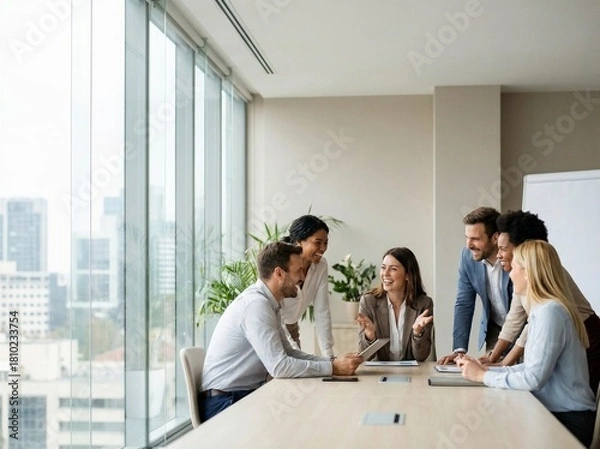 Obraz Diverse business team laughing, collaborating, and discussing in a bright modern office conference room with cityscape.