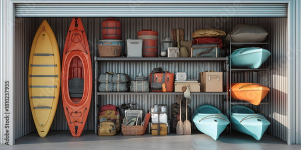 Fototapeta Kayaks and camping gear stored inside a storage unit.