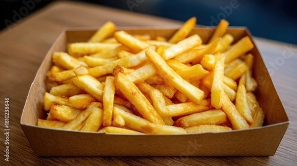 Fototapeta A generous serving of crispy golden fries fills a brown cardboard container tempting anyone nearby.