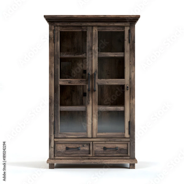 Fototapeta An ultra-realistic 3D cabinet featuring glass doors and bottom drawers in a rustic style on a clean white background.