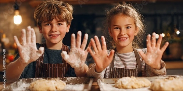 Obraz Children happily baking cookies with parents in a cozy kitchen