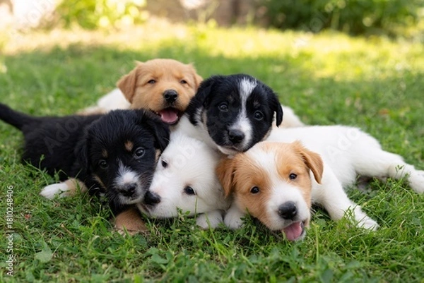 Fototapeta Group of playful puppies rolling over each other on green grass