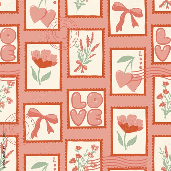 Fototapeta Romantic Postal Stamps Seamless Vector Pattern Valentines Day Digital Paper Postmark Scrapbooking