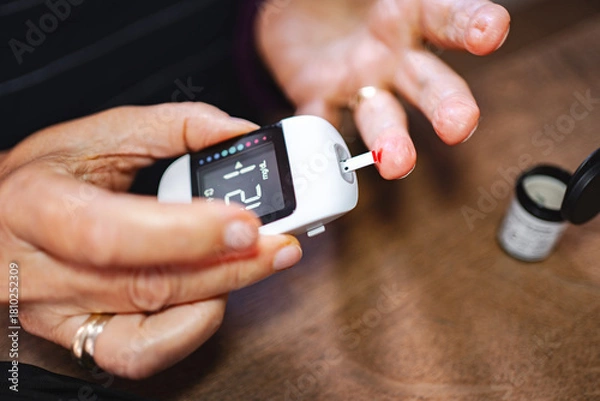 Fototapeta Monitoring blood sugar levels at home during a health check