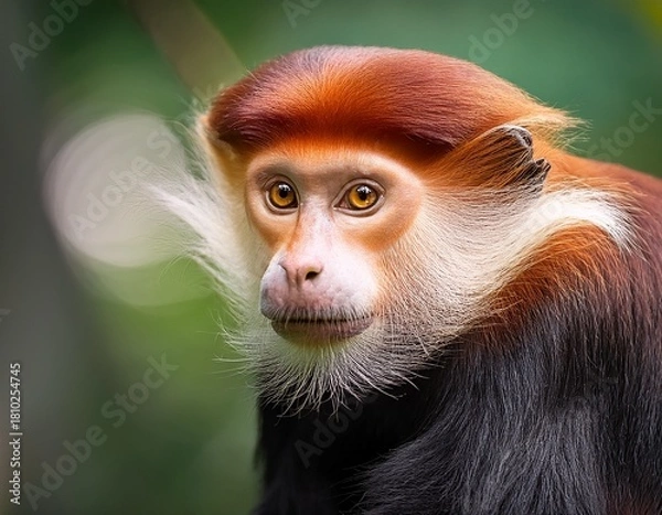 Obraz Portrait of a Red-Capped Mangabey: Close-Up Gaze into the Eyes of a Beautiful Primate in Lush Greenery.