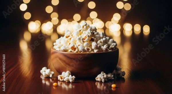 Fototapeta A wooden bowl full of fresh popcorn on a dark table. Cozy movie night snack with a warm bokeh lights background. Cinema and entertainment concept