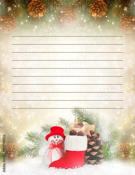 Fototapeta Christmas Santa letter template with cute smiling snowman in hat and red boot, printable To Do List, Wish list or planner. Paper for invitation or greeting card. Lined background with place for text.