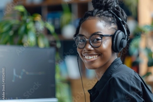 Obraz Young adult woman smiling while working at a computer