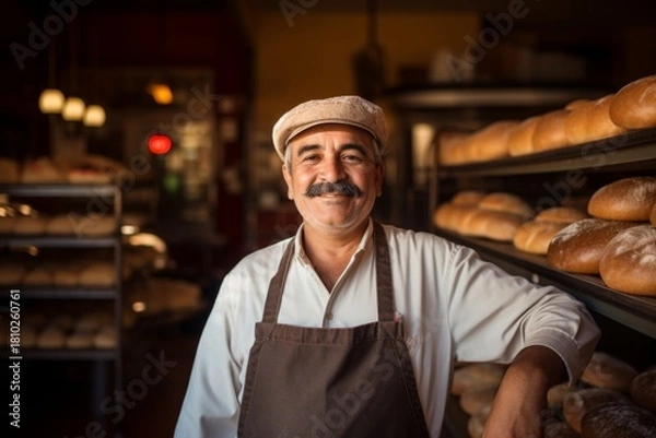 Obraz Adult baker smiling proudly in a bakery with fresh bread