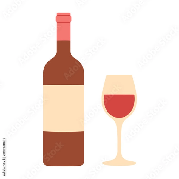Obraz Cute and simple illustration of a wine bottle with a filled wine glass. For Thanksgiving, autumn celebrations, dinner graphics, menus and holiday decor. Flat vector. Hand drawn. Isolated background.
