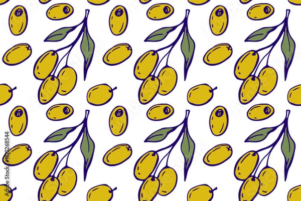 Fototapeta Seamless pattern with Olive Fruits. Fresh olive berries branch. Ingredients for cooking, organic cosmetics. Hand drawn doodle sketch for Mediterranean diet wallpaper, wrapping paper. Repeated print. 