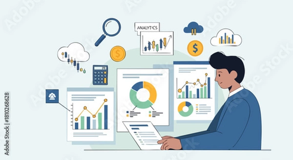 Fototapeta Financial Professional Performing Analytics and Research Using Cloud Data, Reports, and Data Visualization Charts for Investment.