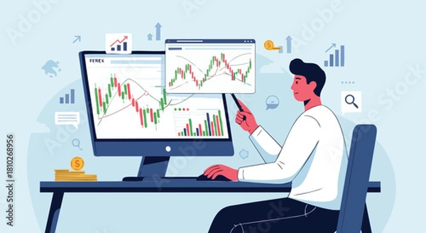 Fototapeta Forex or Stock Trader Analyzing Candlestick Charts and Market Trends on a Desktop Computer for Financial Investment.