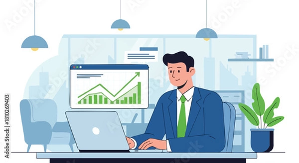 Fototapeta Smiling Businessman Working on a Laptop in an Office While Monitoring a Screen Displaying Successful Financial Growth Data.